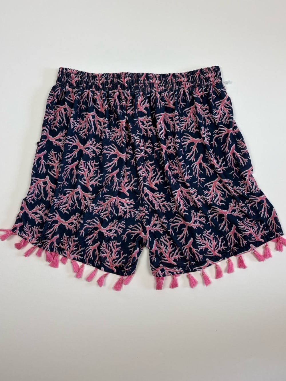 Simply Southern Navy Shorts w/ Pink Coral Print & Pink Tassels Large/XL Preppy - Picture 6 of 8